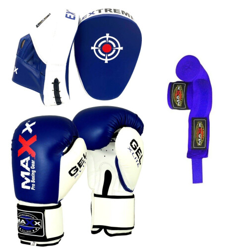 Maxx Boxing Gloves & Leather Curved Focus Pads With Free Hand Wrap on OnBuy