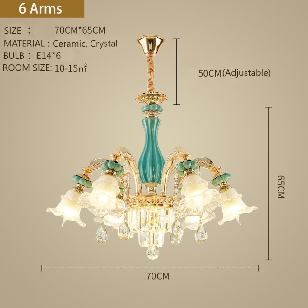 Geniune K9 Crystal Blue Ceramic Gold Metal Pendant Chandelier 6 Arms