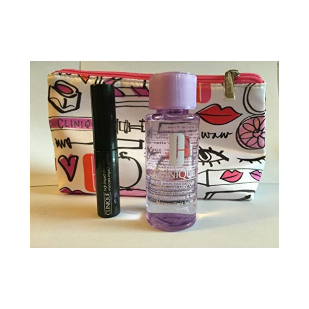 Clinique popular makeup travel size: take the day off makeup remover 1.7 oz/ 50 m + high impact mascara .14 oz/ 3.5 ml + beautiful makeup bag