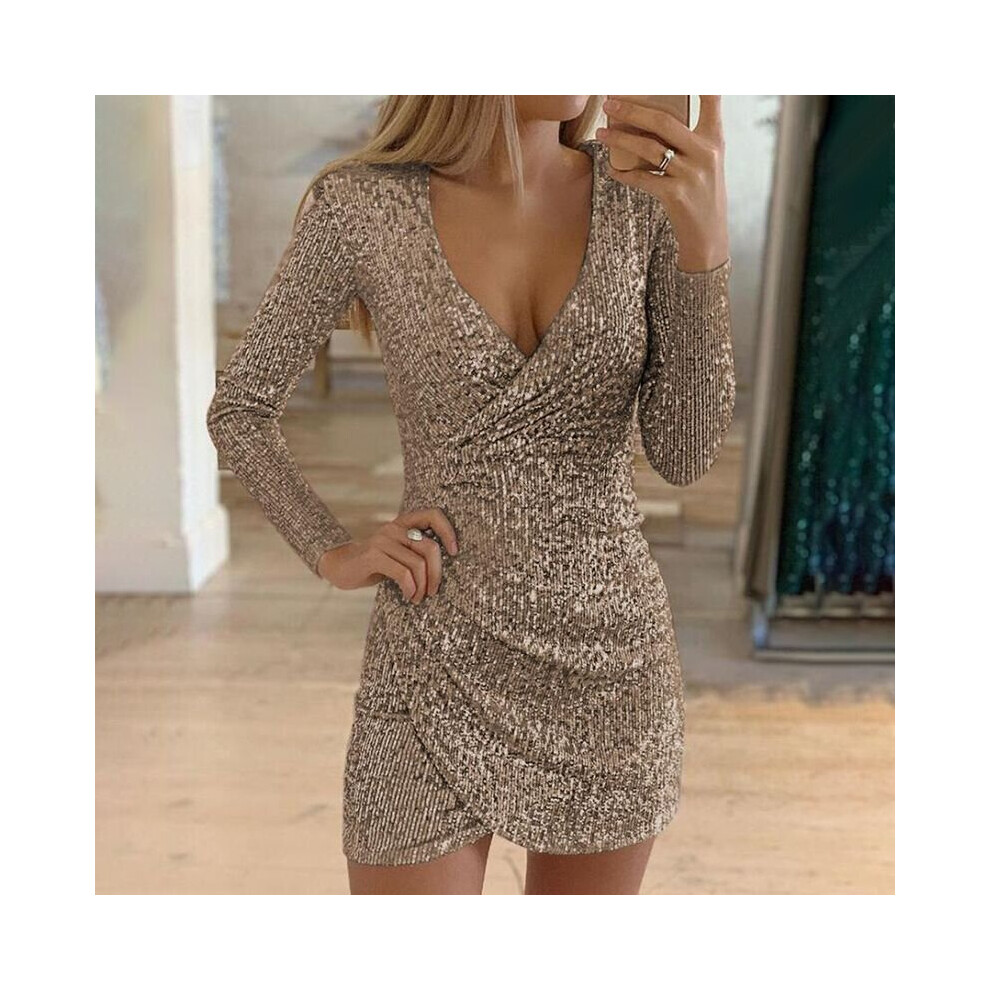 (Gold, L) Women's sequined Christmas tight dress evening ball gown
