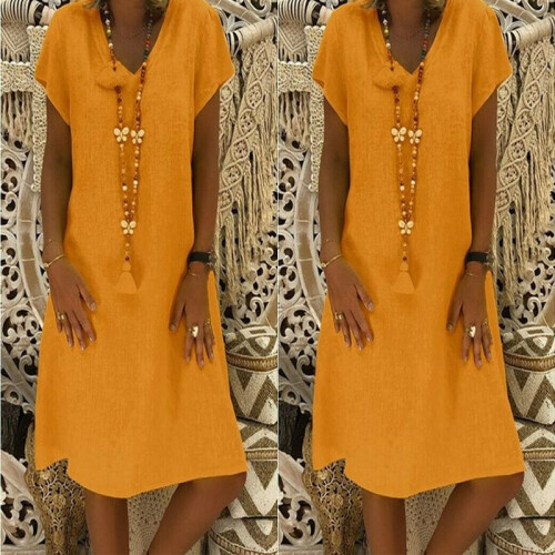 (Orange, XL) Women's summer V-neck short-sleeved loose dress