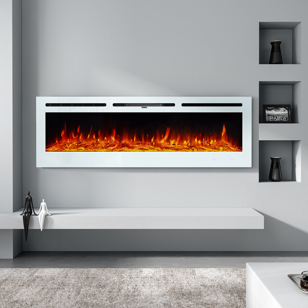 (60 Inch) Electric Wall Mounted LED Fireplace 12 Color Wall Inset Into Fire