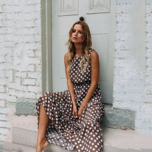 (Coffee, 2XL) Women's summer polka dot sleeveless retro dress