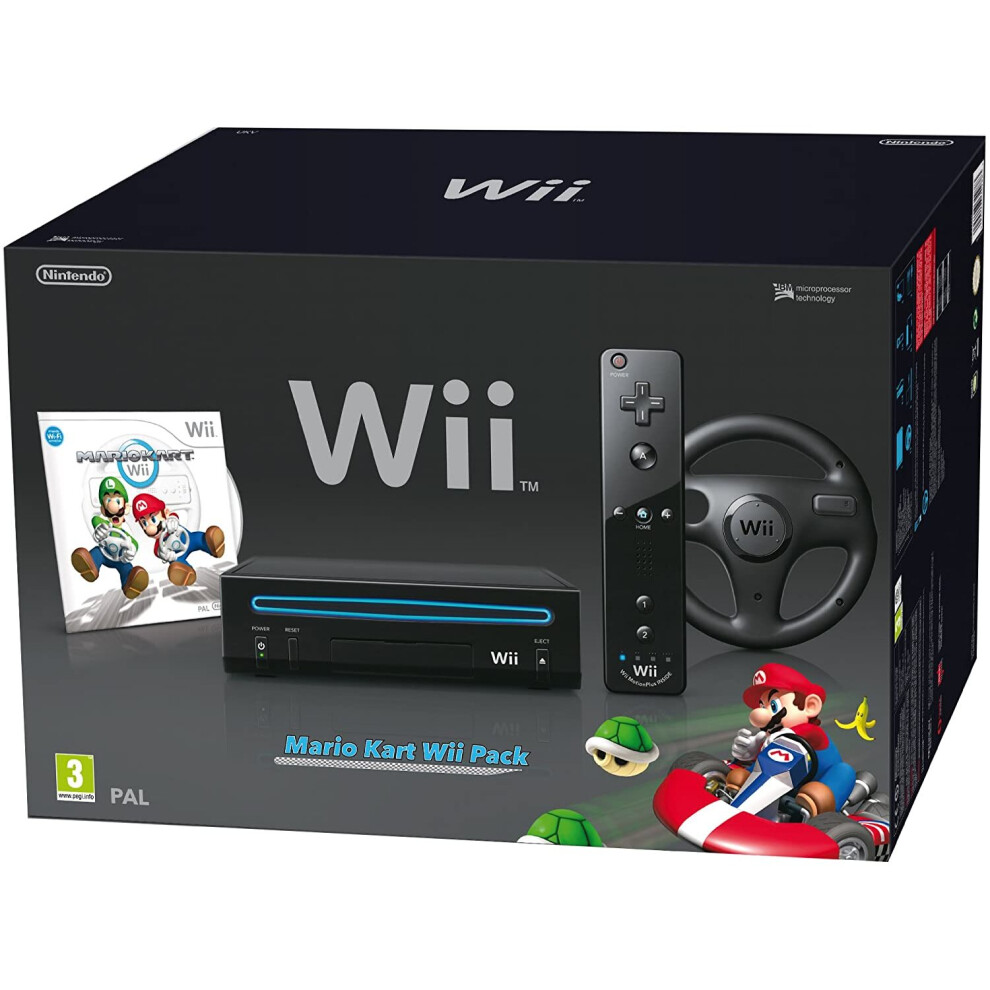 Nintendo Wii Console (Black) with Mario Kart Wii: Includes Wii Wheel and Wii Remote Plus