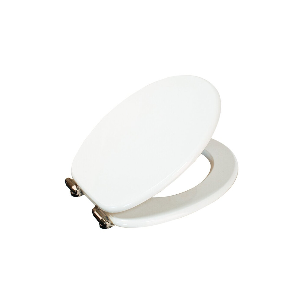 (White) Soft Close Wooden Toilet Seat Adjustable Chrome Hinges