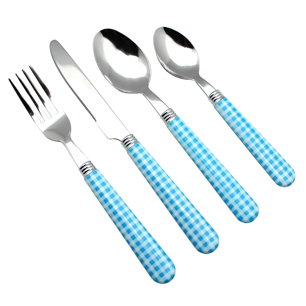 Cutlery Set 24pcs Stainless Steel with Gingham Check Coloured Handles (Blue x 24 pcs)