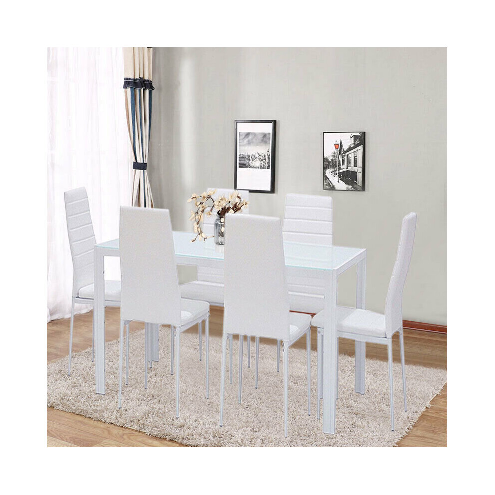 HIGH GLOSS White Dining Table with Six Faux Leather Chairs Set