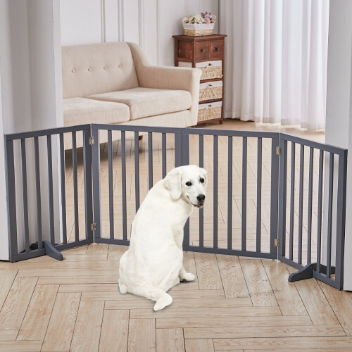 (4 Panels) Wooden Dog Gate Pet Fence Safety Barrier Divider Freestanding