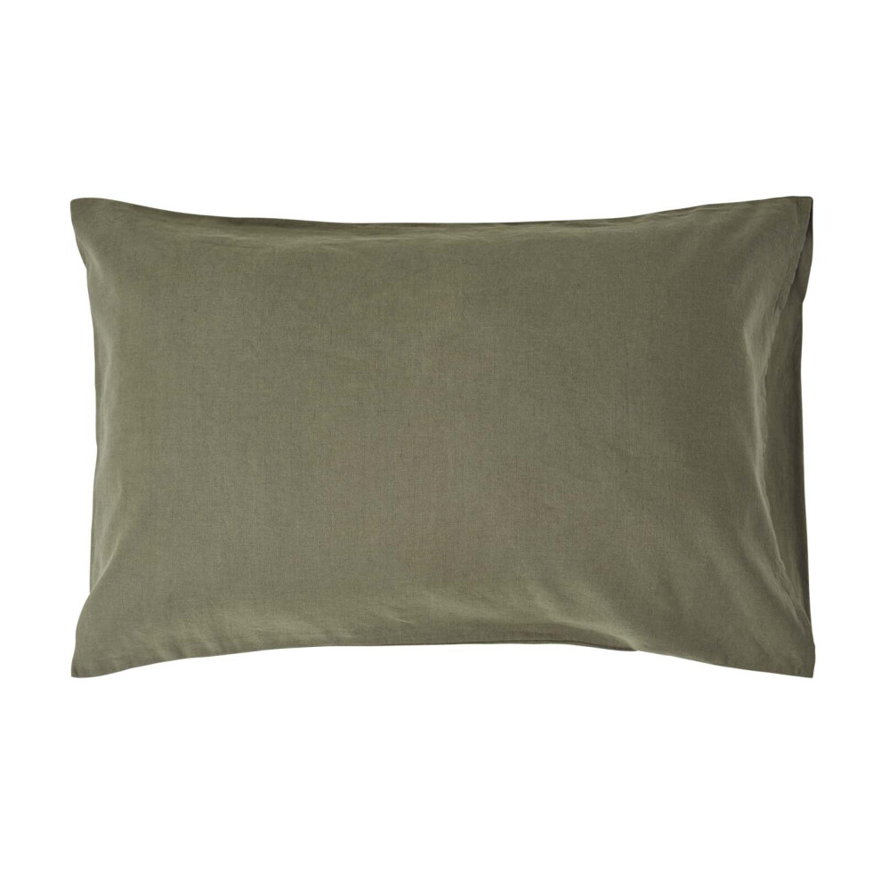 (Standard - 48 x 74 cm, Khaki Green) Luxury Soft Linen Pillowcase Plain Textured
