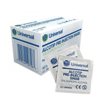 UNG602 Universal Alcotip Pre-Injection Swabs: 70% IPA Alcohol Wipes, Individually Wrapped for Site Cleaning