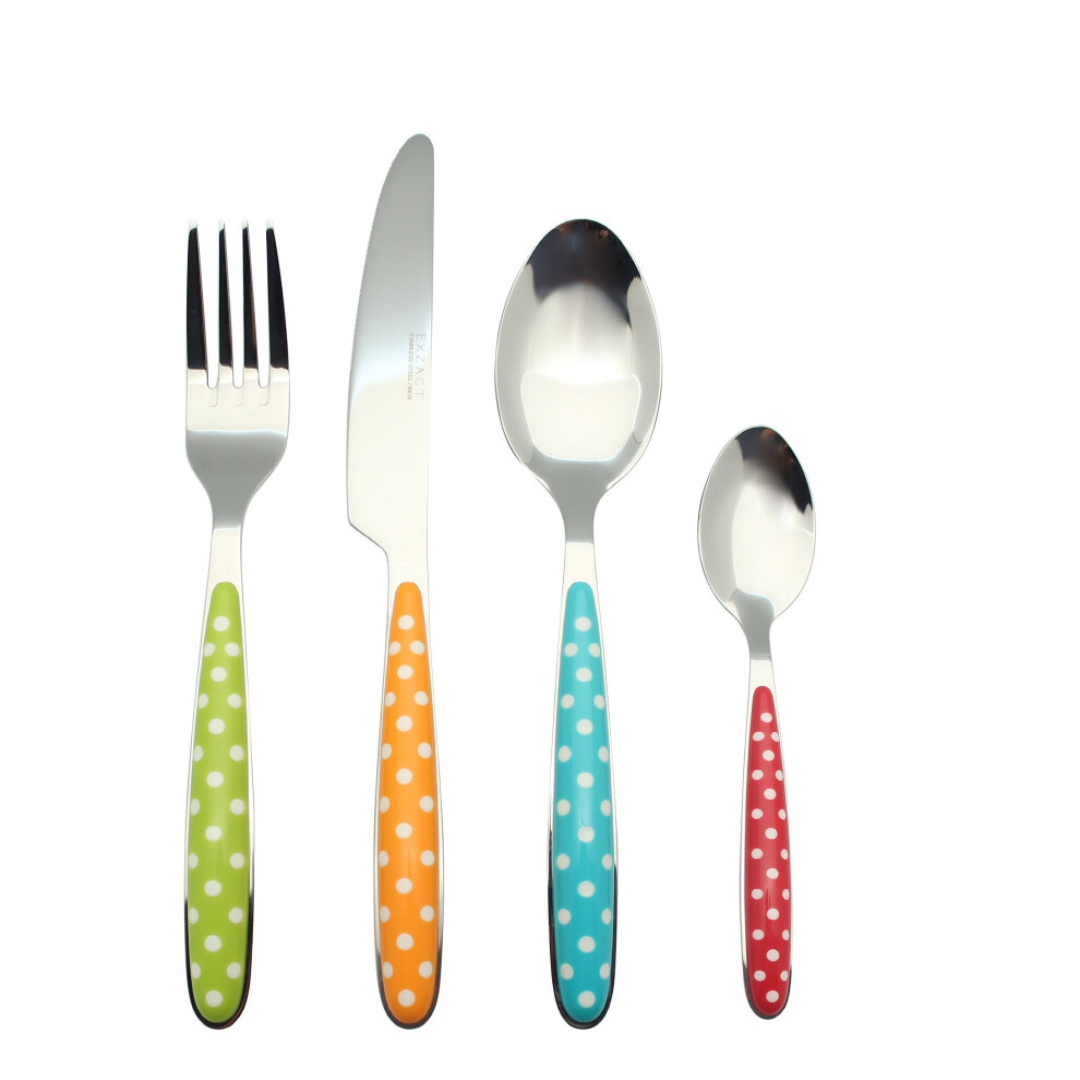 Cutlery Set 24pcs Polka Dot Mixed Colours, Stainless Steel with Color Handles - 6 Forks, 6 Dinner Knives, 6 Dinner Spoons, 6 Teaspoons