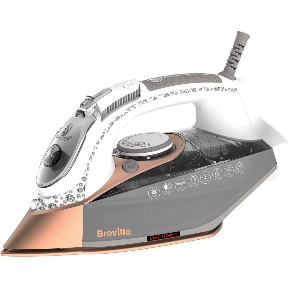 Breville  Steam Iron, 3100 W, 200G Steam Shot, Multi-Directional Diamond Ceramic Soleplate, 400 ml Water Tank, White & Rose Gold