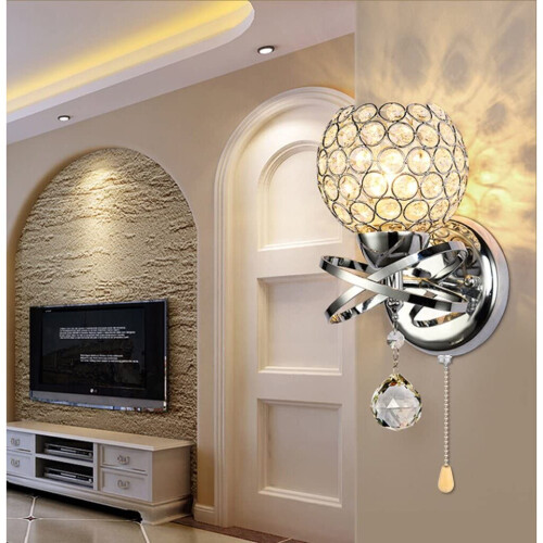 Modern Style Wall Lamp Crystal Wall Light Holder with Power Pull Switch Crystal Wall Sconce E14 Socket Silver 1