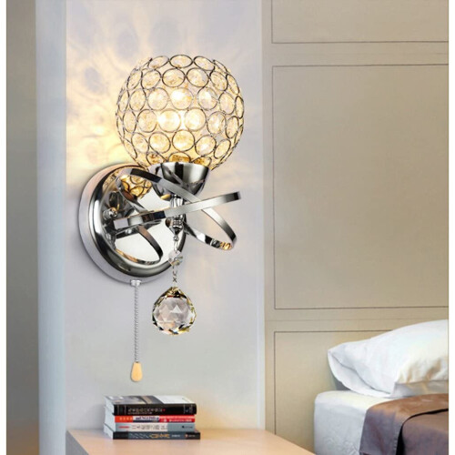 Modern Style Wall Lamp Crystal Wall Light Holder with Power Pull Switch Crystal Wall Sconce E14 Socket Silver 2