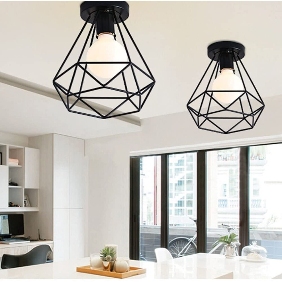 2 Pack E27 Industrial Ceiling Light Metal Cage Black Vintage Pendant Light Diamond Shape Retro Chandelier Light Fixture