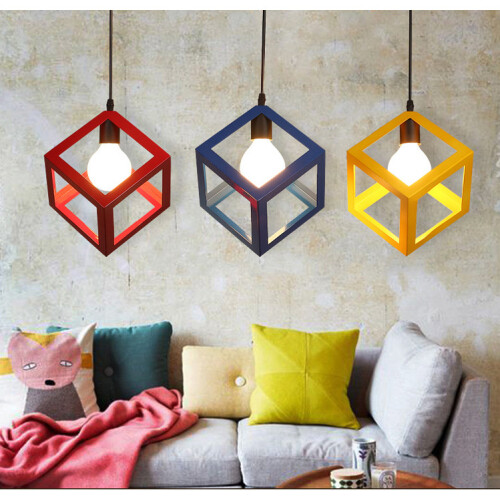 (Red) Modern Colorful Pendant Light Cube Shape Hanging Light Vintage Retro Ceiling Lamp