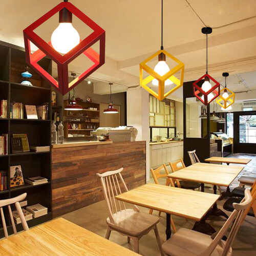 (Red) Modern Colorful Pendant Light Cube Shape Hanging Light Vintage Retro Ceiling Lamp 2
