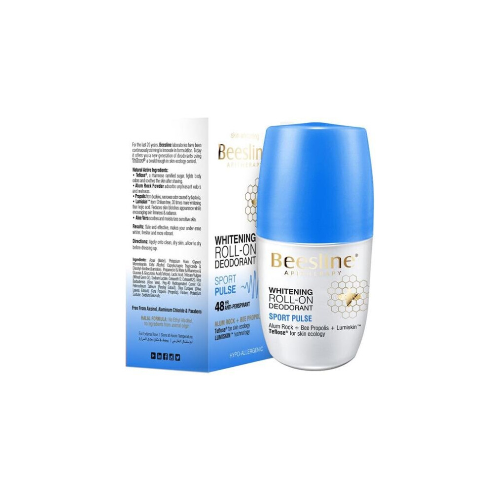 Beesline Roll-On Sport Pulse Deodorant, 48 Hours Anti-Perspirant, Deodorizing, Soothing, Alum Rock, Bee Propolis Teflose for Skin Ecology, 50ml
