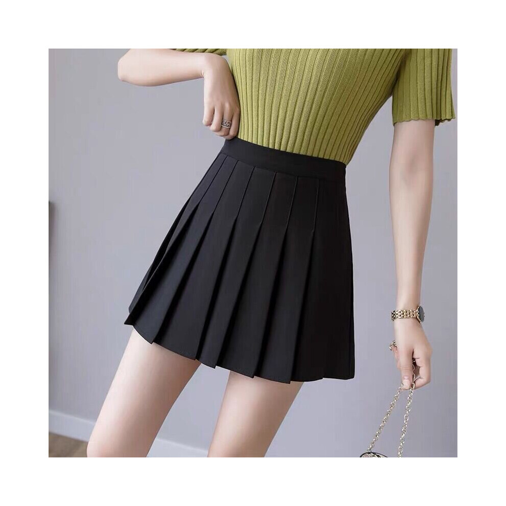 (Black, L) Women's summer high waist pleated skirt with safety shorts