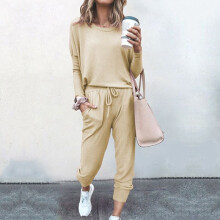 (Beige, M) 2-piece women's solid color sportswear suit hoodie pants