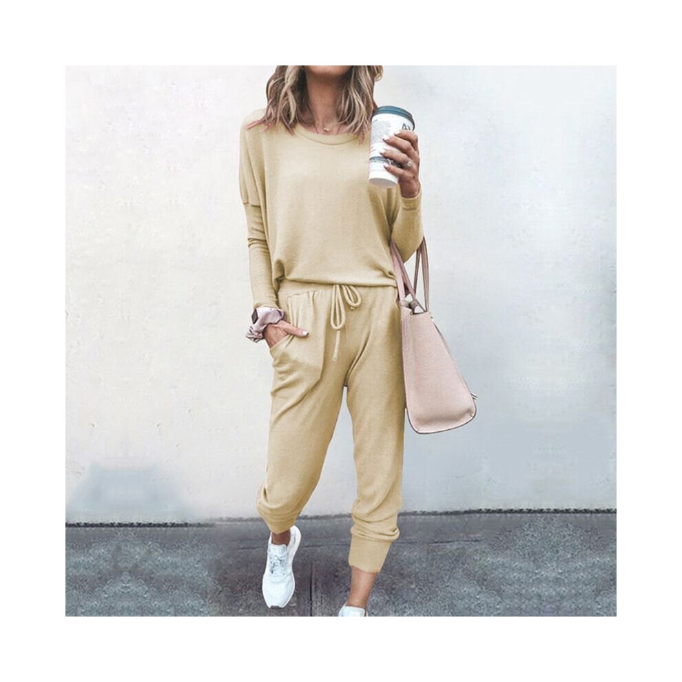 (Beige, M) 2-piece women's solid color sportswear suit hoodie pants