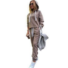 (Khaki, 2XL) Ladies hooded top + pants casual sportswear suit