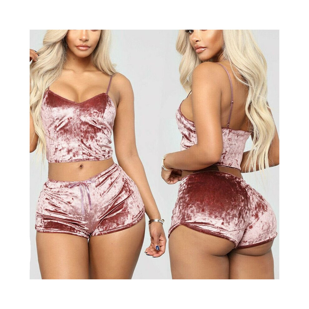(Pink, L) Ladies suspender shorts pajamas sexy pajamas 2-piece set