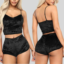 (Black, S) Ladies suspender shorts pajamas sexy pajamas 2-piece set