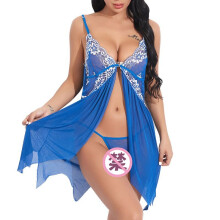 (Blue, XL) Women's Sexy Lace Lingerie Pajamas Sling Pajamas