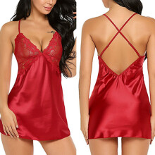 (Red, XL) Ladies sexy lace satin pajamas underwear set