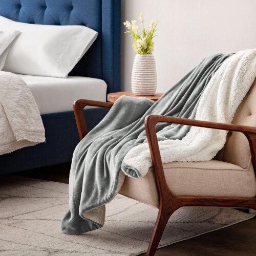 Imperial Rooms (Silver, Medium - 150 x 200 cm) Sherpa Fleece Blanket Bed Throws For Sofas Soft Fluffy Thick Blanket Reversible Microfiber Throw Single Double King