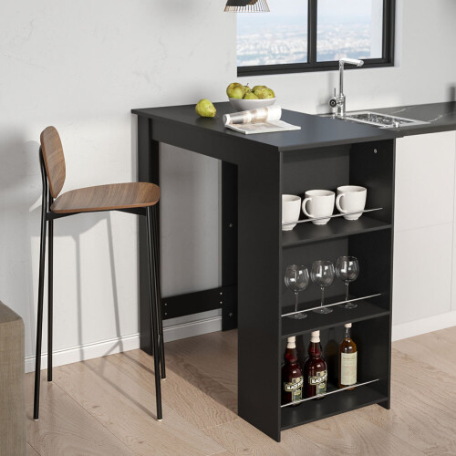 Living And Home Black Modern Chipboard Bar Table with 3 Storage Shelves for Kitchen Dinning Room 1
