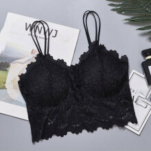 (Black, L) Women's open back lace floral bra with padded corset vest