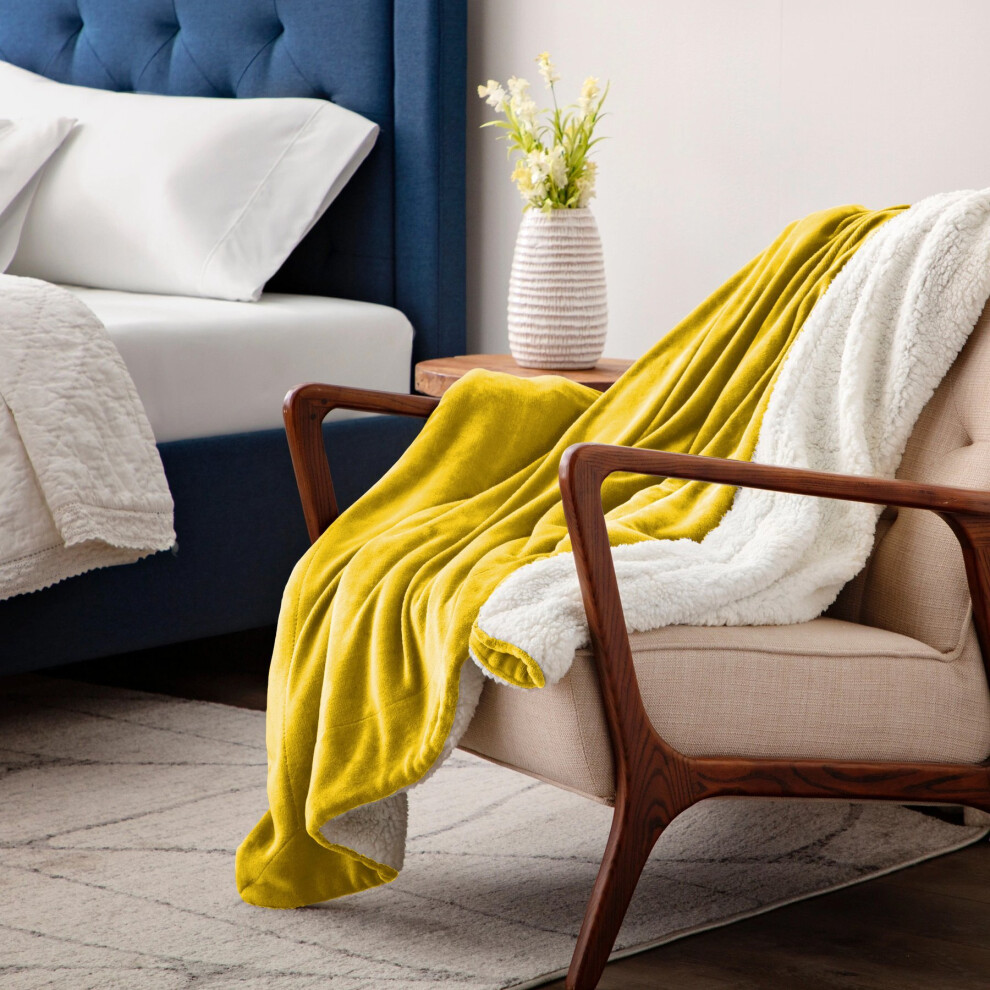 (Ochre, Large - 200 x 240 cm) Sherpa Fleece Blanket Bed Throws For Sofas Soft Fluffy Thick Blanket Reversible Microfiber Throw Single Double King