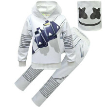 (Marshmello, 10-12 Years) DJ Marshmallow Cosplay Costume Kids Hoodie + Pants Mask Fancy Dress Clothes Set