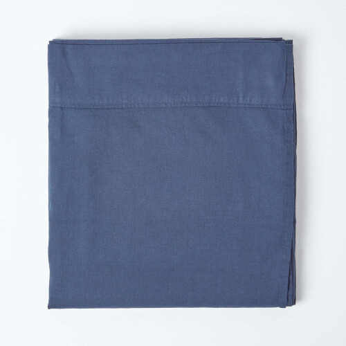 Homescapes (Single, Navy) Luxury Soft Linen Flat Sheet Plain Textured 100% Cotton Blend 1
