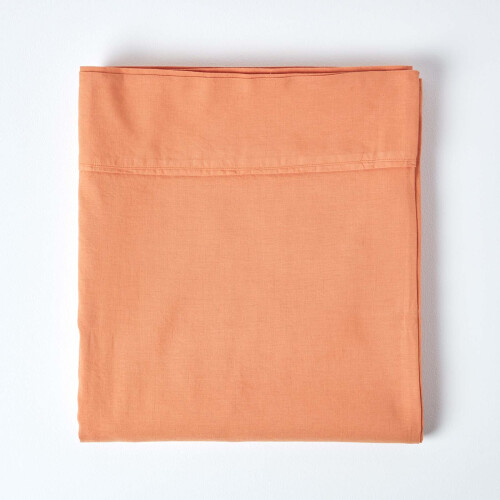 Homescapes (Super-King, Orange) Luxury Soft Linen Flat Sheet Plain Textured 100% Cotton Blend 1