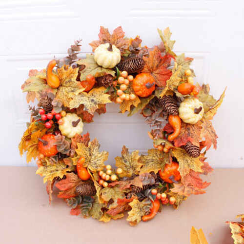 Living And Home 50CM Halloween Fall Maple Pumpkin Wreath
