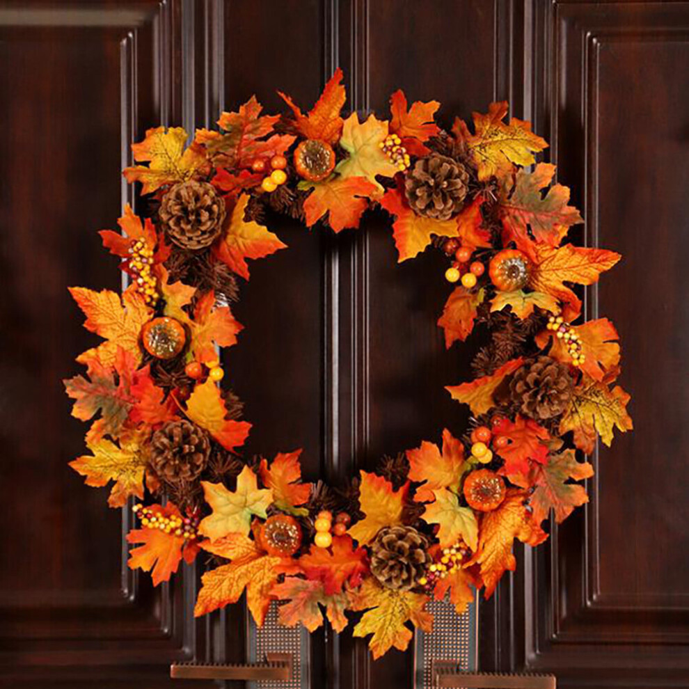 60CM Halloween Fall Pumpkin Wreath Autumn Maple Leaf Garland With LED Light