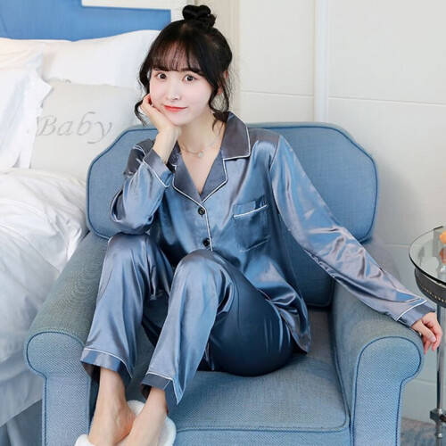 (Gray Blue, M) Women's Ice Fabric Pajamas Long Sleeve Soft Pajama Set