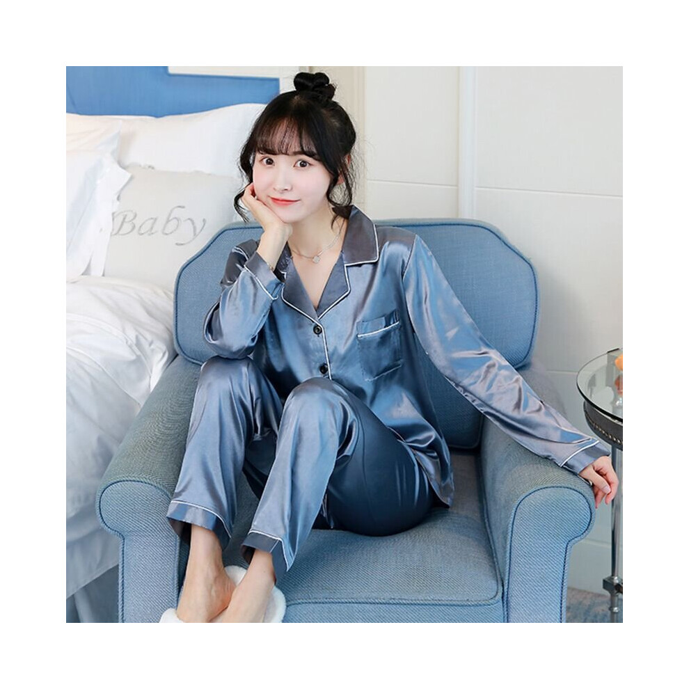 (Gray Blue, M) Women's Ice Fabric Pajamas Long Sleeve Soft Pajama Set