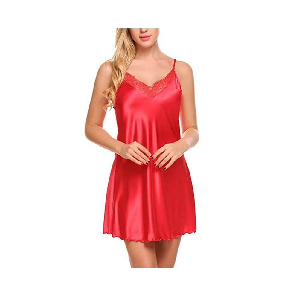 (Red, S) Ladies sexy satin pajamas nightgown lace robe nightdress