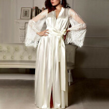 (White, XL) Ladies silk satin nightdress lace lingerie nightwear