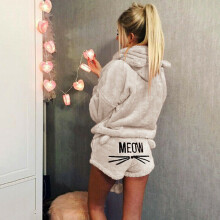 (Beige, 3XL) Women's Fluffy Warm Pajamas Hoodie Set Pajama Set