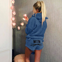 (DarkBlue, S) Women's Fluffy Warm Pajamas Hoodie Set Pajama Set