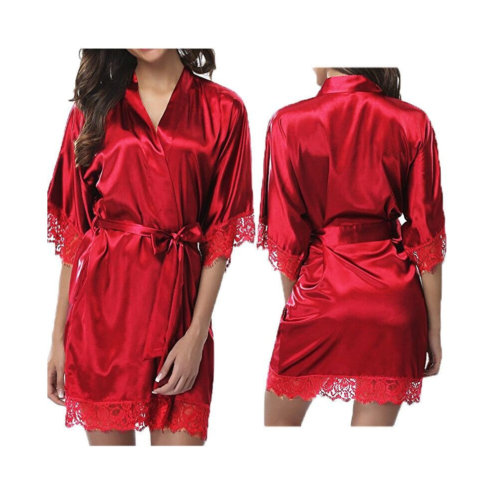 (Red, L) Women's plain silk satin tether pajamas robe bathrobe