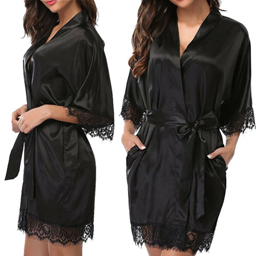 (Black, L) Women's plain silk satin tether pajamas robe bathrobe
