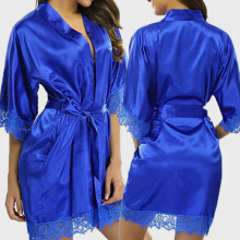 (Blue, L) Women's plain silk satin tether pajamas robe bathrobe