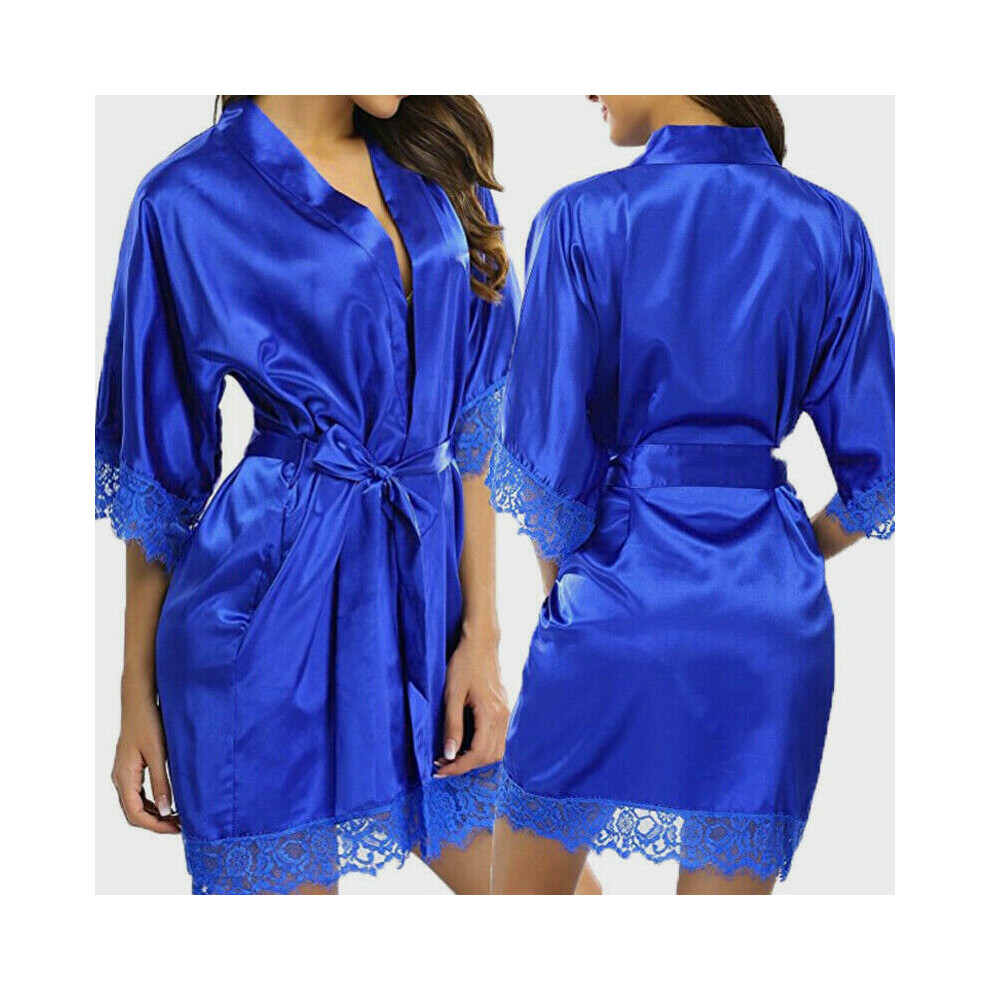 (Blue, L) Women's plain silk satin tether pajamas robe bathrobe