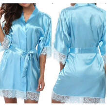 (LightBlue, 3XL) Women's plain silk satin tether pajamas robe bathrobe